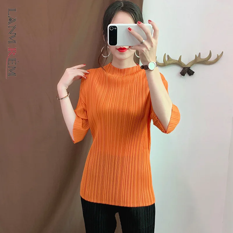 

FAKUNTN Orange Stand Collar Cropped Sleeves Pleated Loose Plus Woman T-shirt Casual Wild Simple Fashion 2021 autumn New TV736