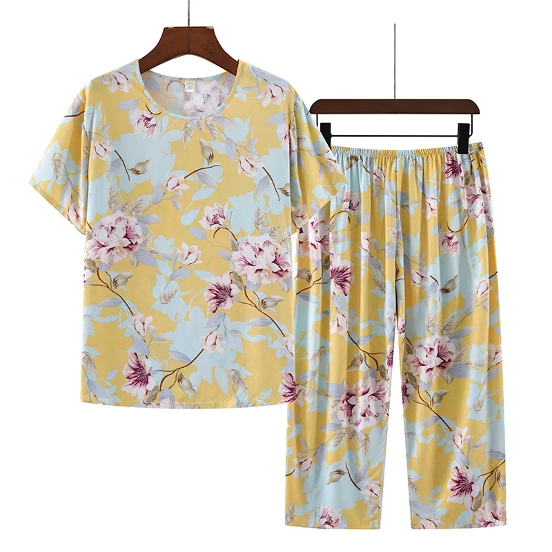 Fdfklak XL-4XL Plus Size Middle-Aged Mom Home Clothes Floral Print Female Pyjamas 2022 Summer New Soft Loose Pajama Sets