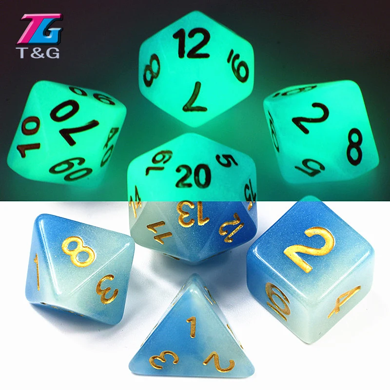 Микс-цвет 7 шт./лот светится в темноте RPG кости для DnD D4 d6 d8 d10 % d12 d20 фиолетовый синий