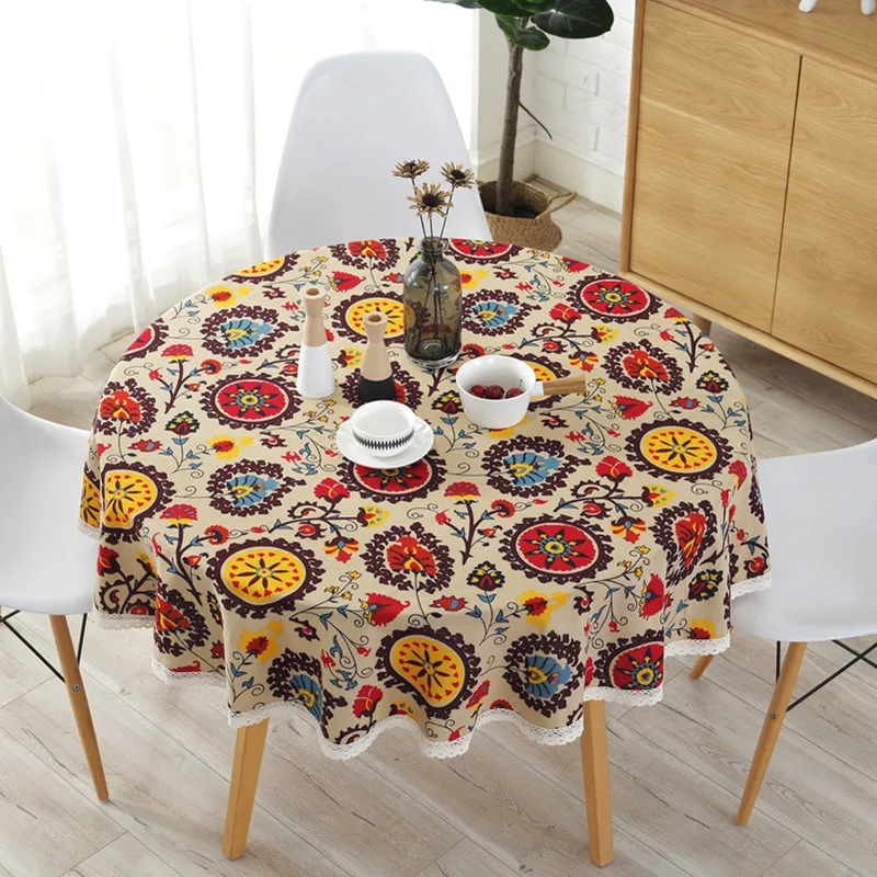 

Bohemian National Wind Round Lace Tablecloth Sunflower Printed Table Cloth Dinner Home Decor Ethnic Style Cotton Table Covers