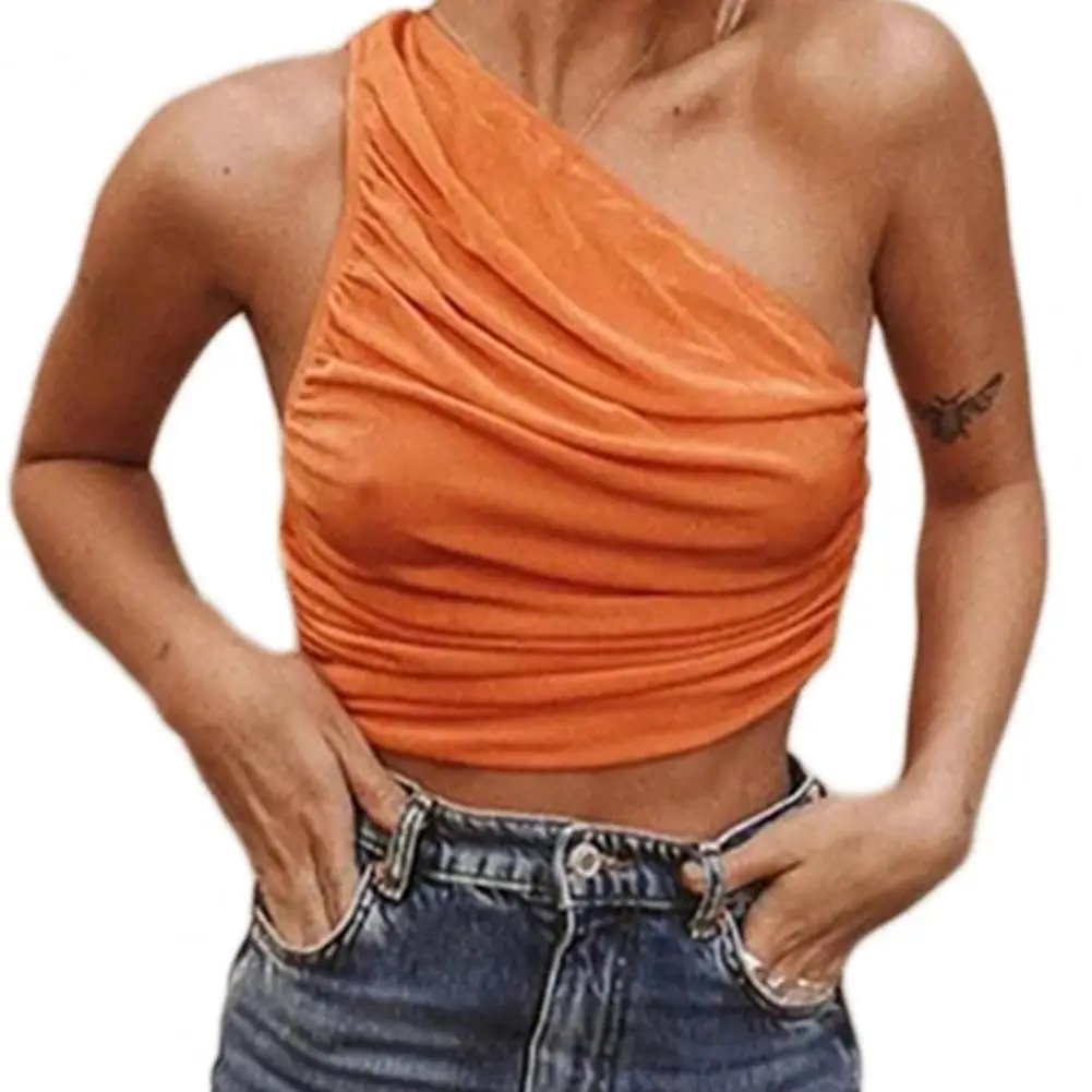 

T-shirt Sleeveless Single Shoulder Solid Color Summer Pleated Vest for Women
