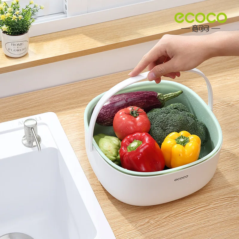 ECOCO Portable Double Drain Basket Bowl Washing Kitchen Strainer Noodle Vegetable Fruit Cleaning Colander Tool | Дом и сад