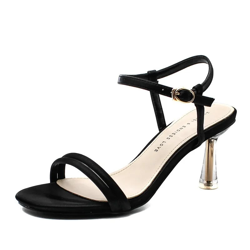 

Shallow Mouth Buckle Strap Beige Heeled Sandals Open Toe 2021 Summer Comfort Shoes for Women Black Peep High Fashion Girls New S