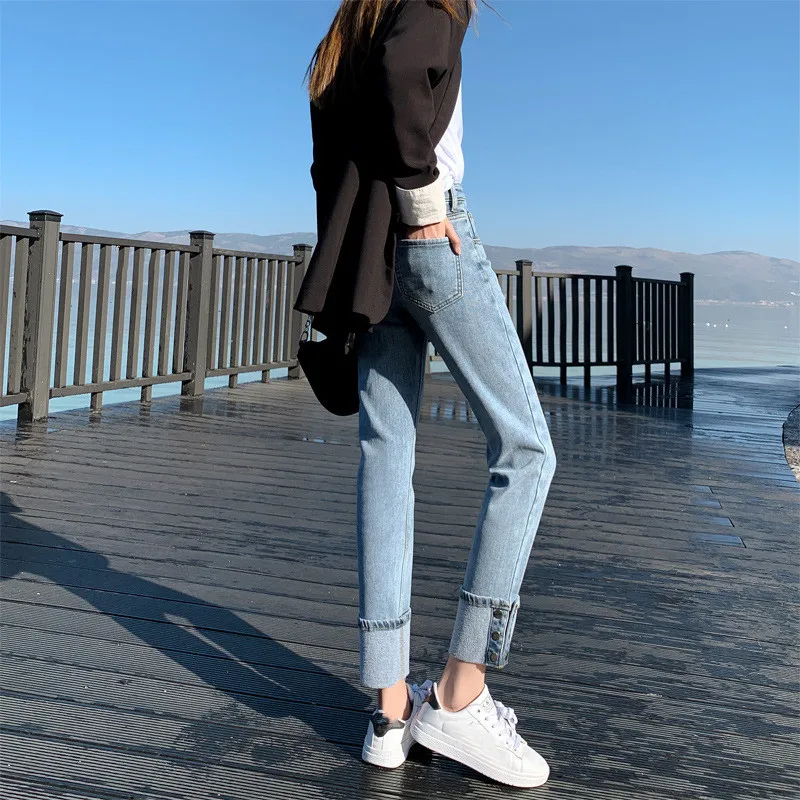 

USOHALL Spring and Summer Fashion Cuffs High Waist Straight Women's Jeans