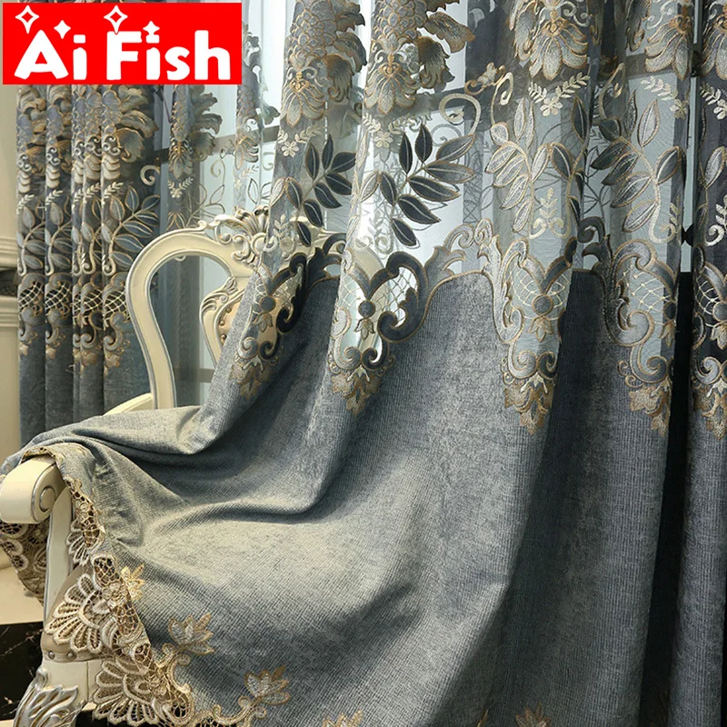 Европейский шенилл кружева роскошные шторы для гостиной высокого класса Вышитые