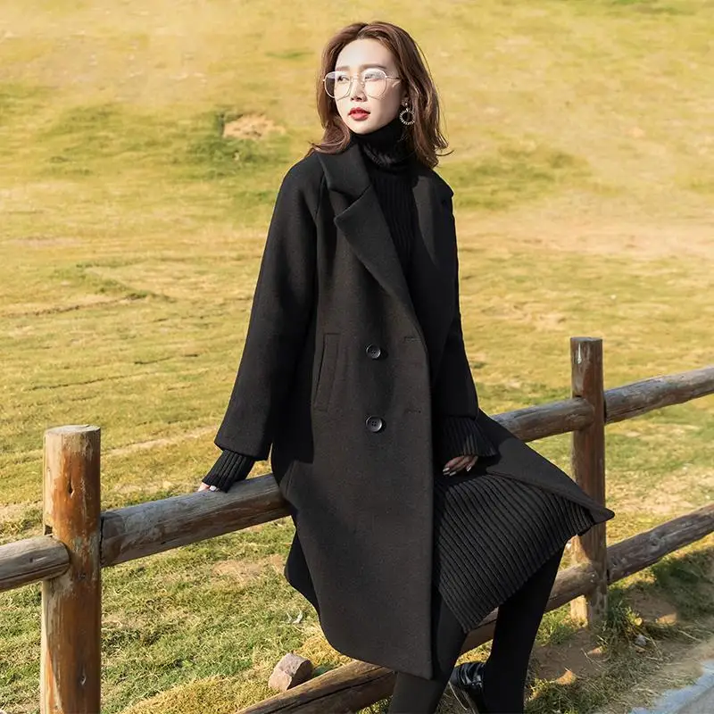 

Black tweed coat women's middle long 2021 autumn winter popular new Korean loose Hepburn wool coat thick