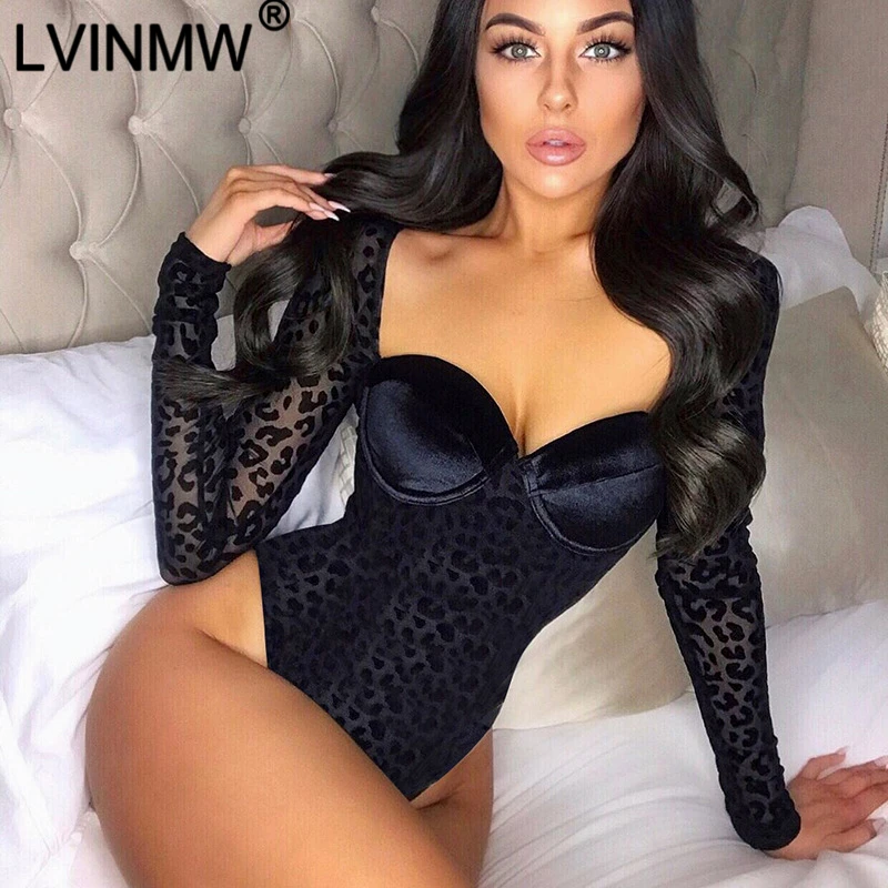 LVINMW сексуальный черный леопардовый сетчатый прозрачный боди с длинным рукавом