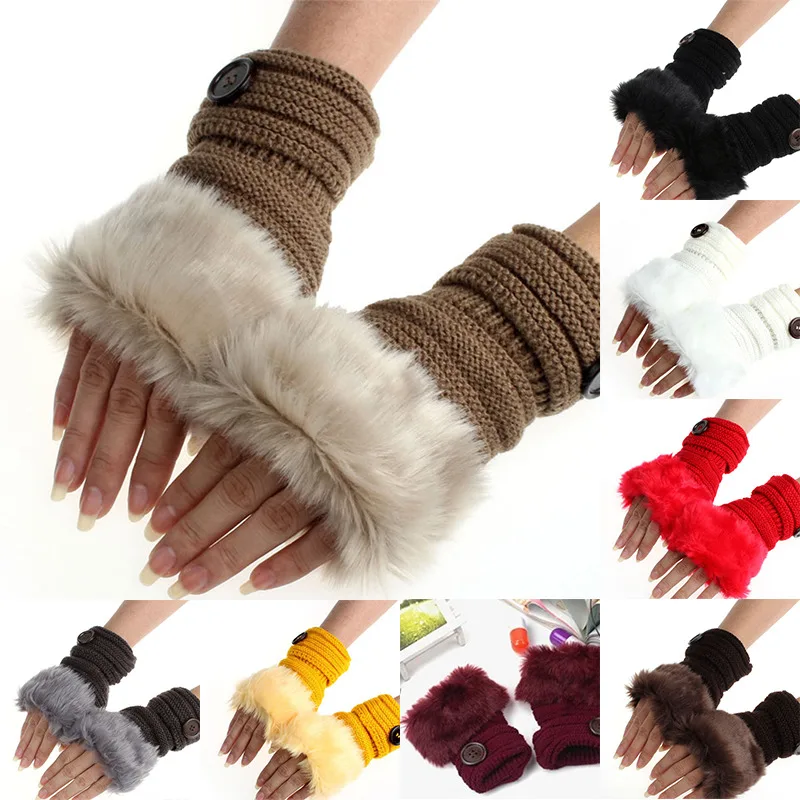 

Winter Women Thread Knitted Gloves Plush Imitation Rabbit Fur Keep Warm Fashion Short Mitten Fingerless Lady Half Finger Gloves