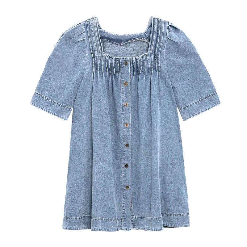 

Street Style Dress for Women 2021 New Summer Loose Temperament Square Collar Washed Denim Midi Dress