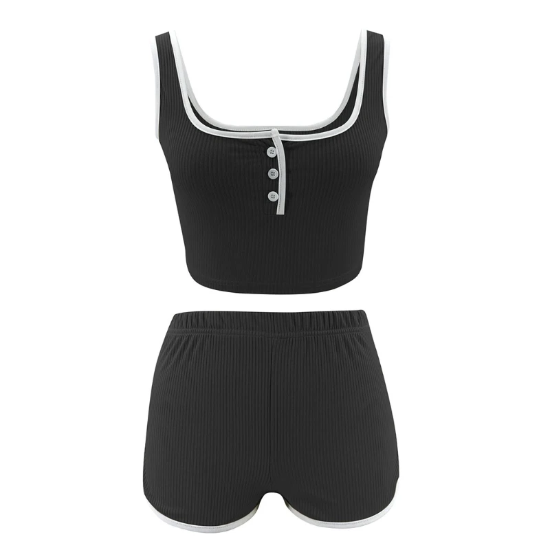 

Women Sexy 2pcs Ribbed Outfits Set Sleeveless U-Neck Button Crop Top Vest High Waist Shorts Solid Color Sports Tracksuit