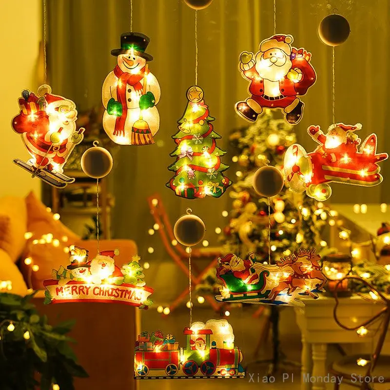

Рождественское украшение, подвесные украшения для окон со светодиодной подсветкой, Рождественские огни с крючком на присоске для рождеств...