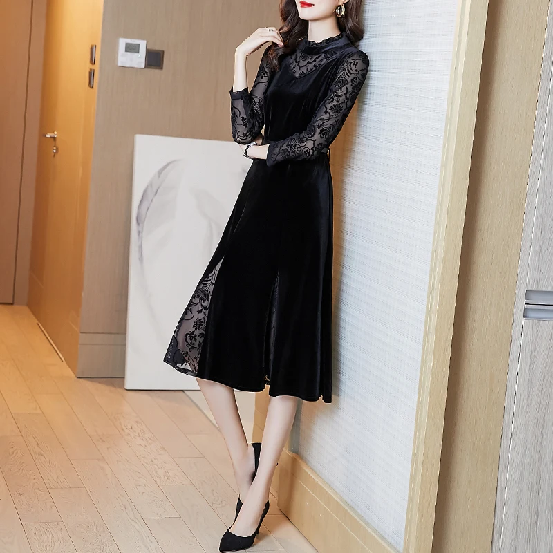 

New 5XL Plus Size Black Lace Velvet Sexy Midi Dress Autumn Winter Vintage Long Sleeve Dresses Women Bodycon Party Night Vestidos