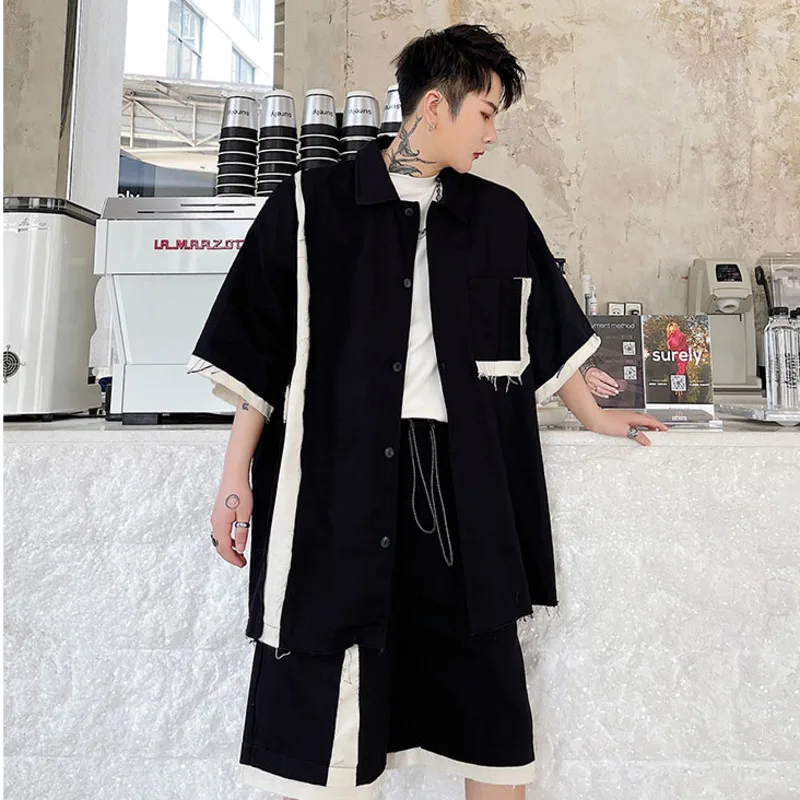 

IEFB 2021 Summer Structural Black White Contrast Color Patchwork Elastic Waist Men's Shorts Drawstring Casual Knee Length Pants