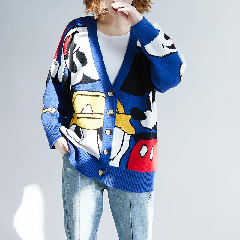2019 Autumn Women's Large Size Cardigan Coat Literary Bat Sleeve Sweater Mickey Contrast Color Loose Thick |
