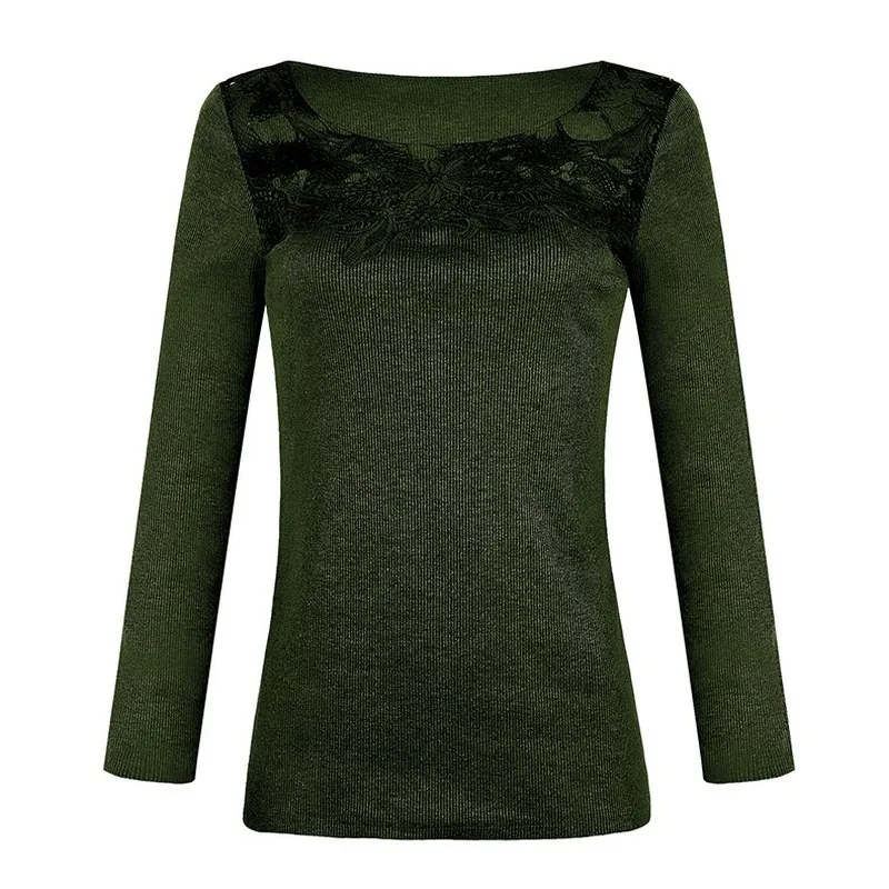 

European and American Women's New Style for Autumn and Winter Lace Panel Long-Sleeved T-shirt Top Graphic Tee Tshirt