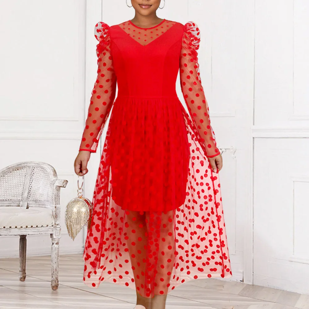 

Пикантное прозрачное Сетчатое платье в горошек с длинными рукавами и круглым вырезом, ТРАПЕЦИЕВИДНОЕ ПЛАТЬЕ для банкета, красное повседнев...