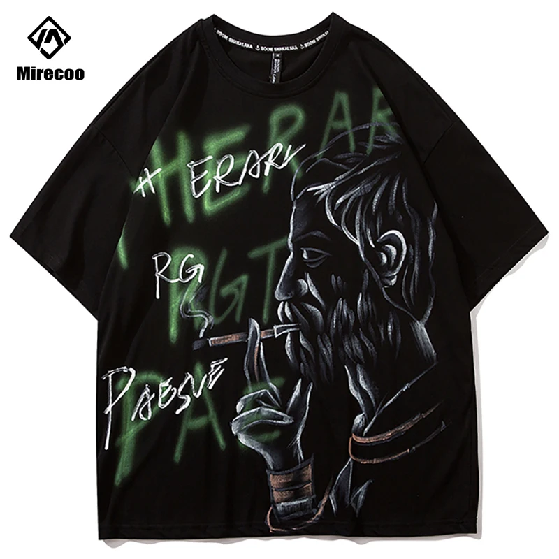 

Old Men Smoking Print Hip Hop T Shirt Men 2020 Summer Harajuku Painted Tshirt Short Sleeve Loose HipHop T-Shirt New Streetwear