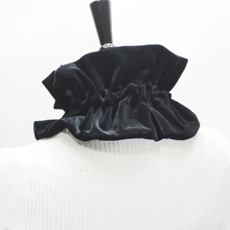 

Womens Victorian Ruffled Decorative Fake Collar Pleated Black Pleuche Velvet Neck Ruff Scarf with Adjustable Pompom Ties