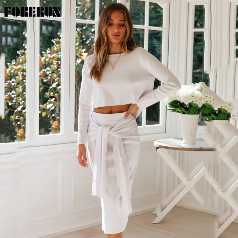

Комплект из юбки и топа FORERUN, женский элегантный короткий топ с длинным рукавом и круглым вырезом, модная облегающая юбка миди на шнуровке, д...