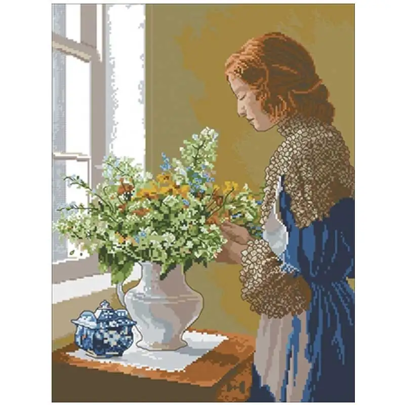 

Girl arranging flowers patterns Counted Cross Stitch 11CT 14CT 18CT DIY Cross Stitch Kits Embroidery Needlework Sets home decor