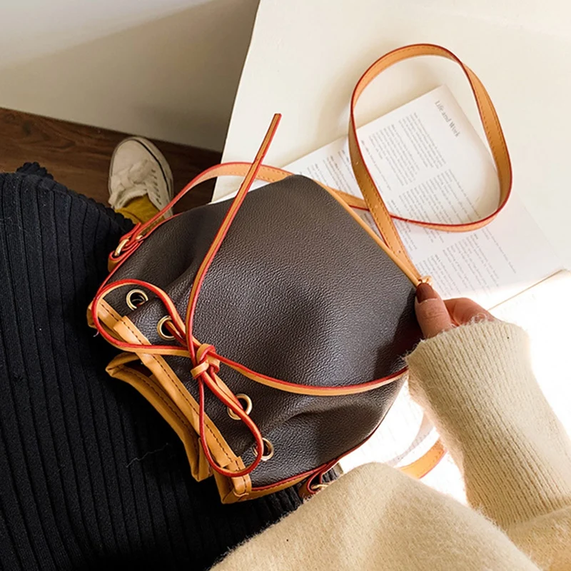 

Retro Drawstring Women's Mini Bucket Bag Fashion New Luxury Messenger Bag PU Leather Shoulder Bag