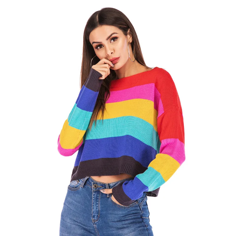 Женские весенние и осенние Рубашки в радужную полоску свободный свитер с длинным