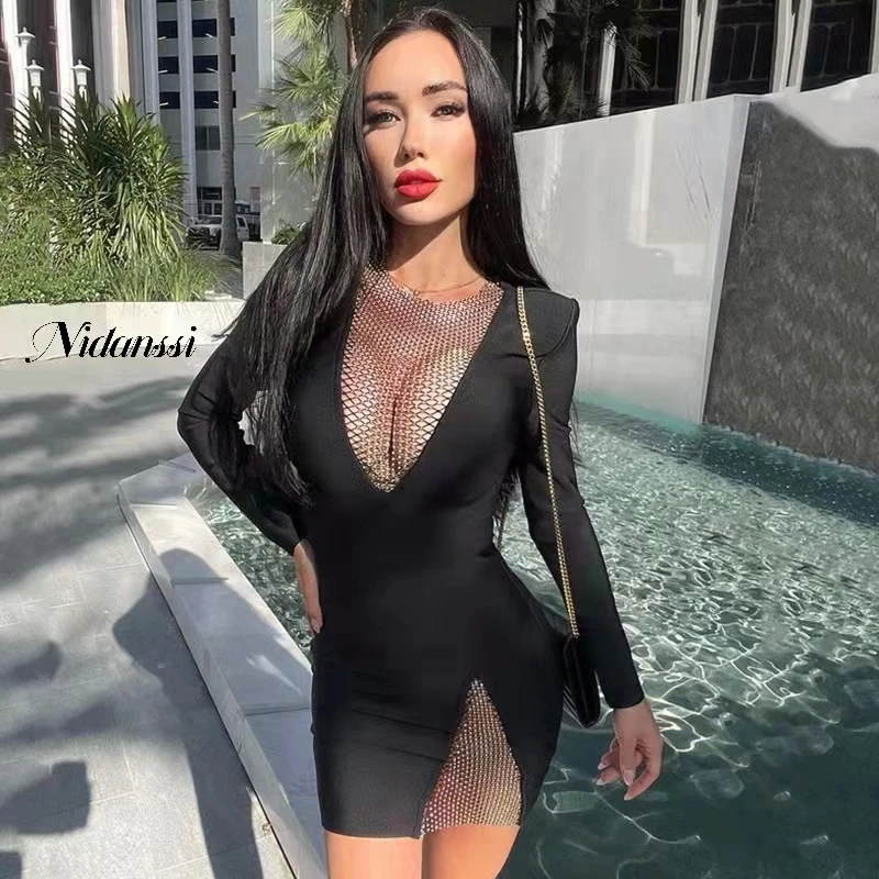 

Nidanssi Flash Diamond V-neck Perspective Irregular Sexy Dress Slim Long Sleeve Dress For Women 2021 Winter Elegant Party Dress