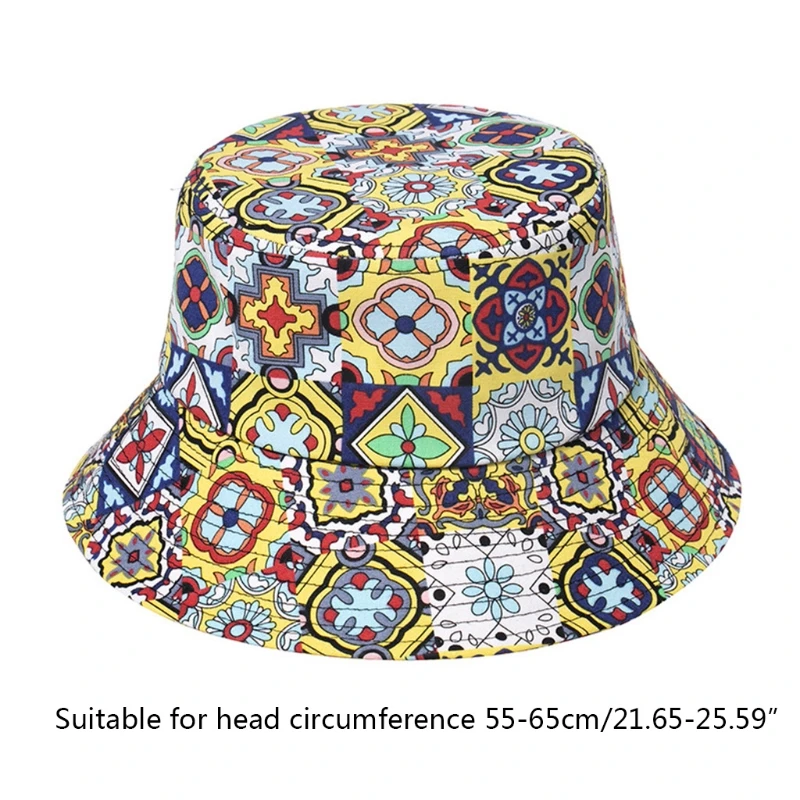 

Ethnic Style Summer Wide Brim Bucket Hat Multicolored Geometric Floral Printed Sun Protection Outdoor Travel Beach Panama
