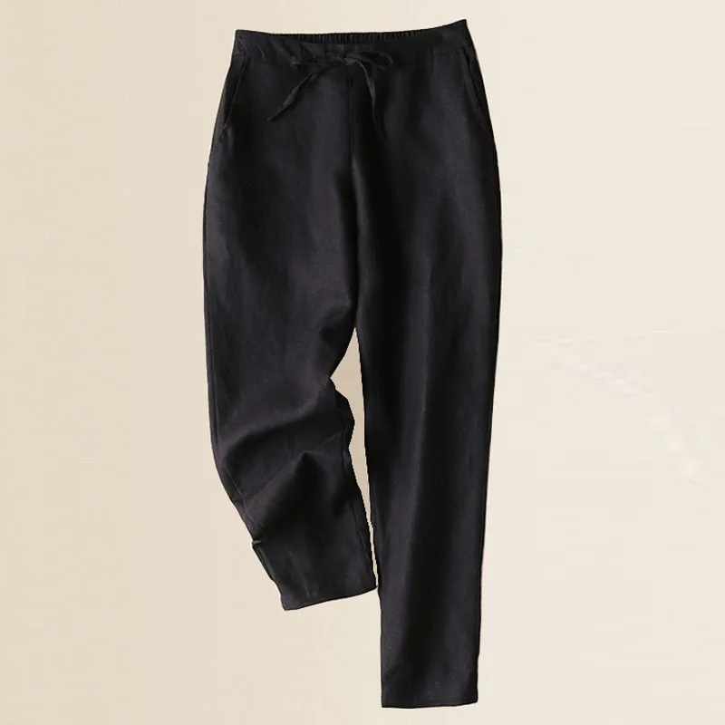 

Брюки женские хлопково-льняные повседневные, однотонные винтажные свободные штаны-султанки с поясом на резинке, лето 2021