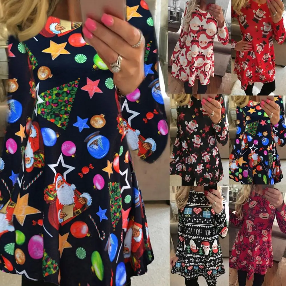 

2020 New Year Christmas Dress Women Cute Cartoon Christmas Tree Snowman Print Mini Party Dresses Autumn Winter Long Sleeve Robe