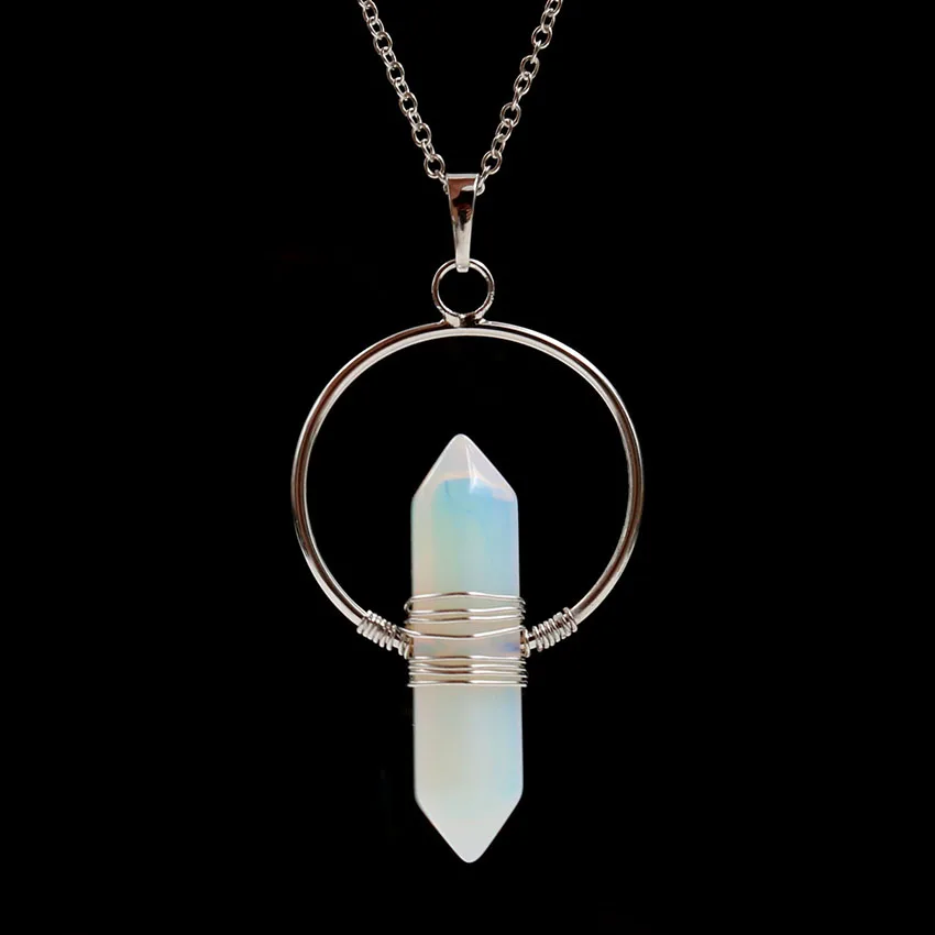 FYJS Unique Silver Plated Circle Wire Wrap Amethysts Hexagon Column Pendant Link Chain Necklace Opalite Opal Jewelry | Украшения и