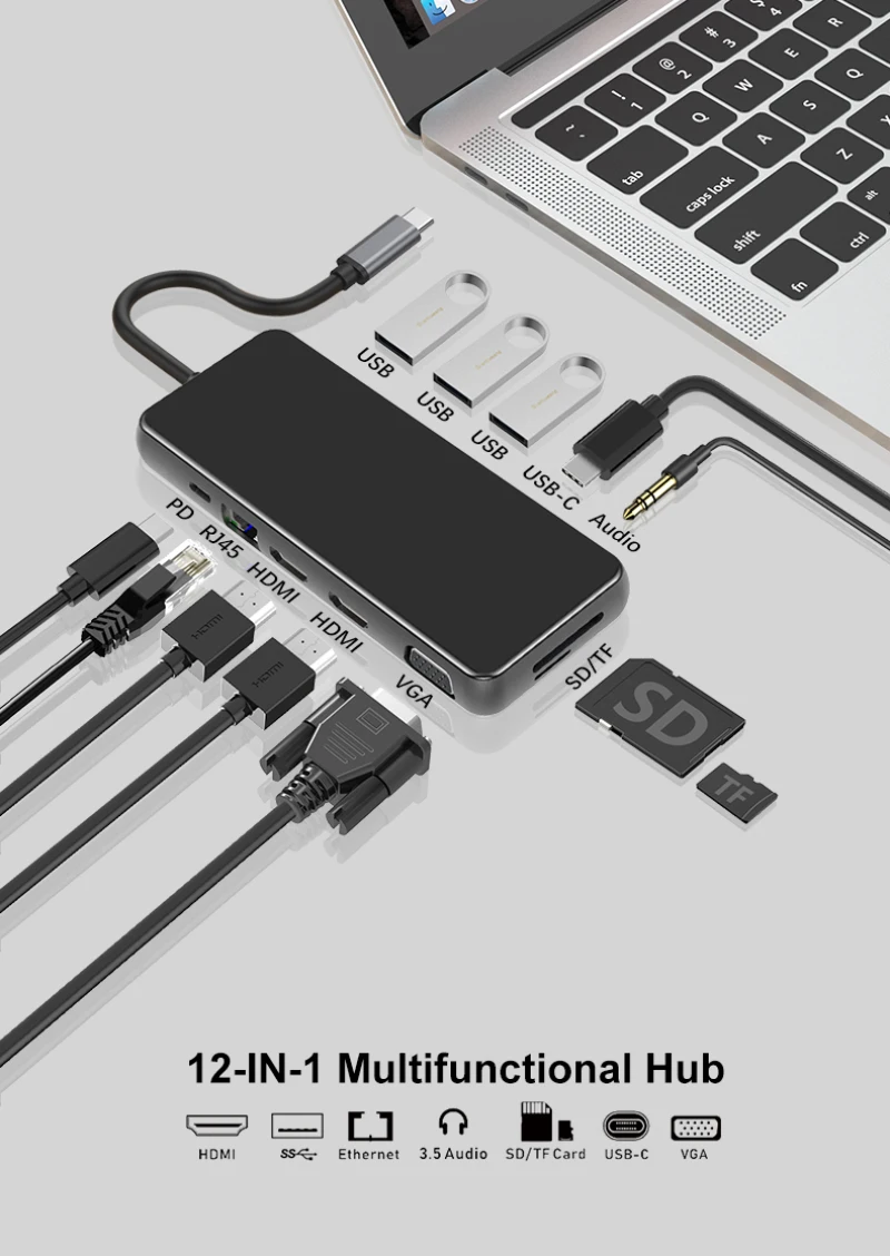 

Для ноутбука 12 In1 USB 3,0 C концентратор USB док-станция для Macbook Pro SD TF Card Reader двойной PD мульти usb-хаб Тип C адаптер-разветвитель Тип-C концентратор USB