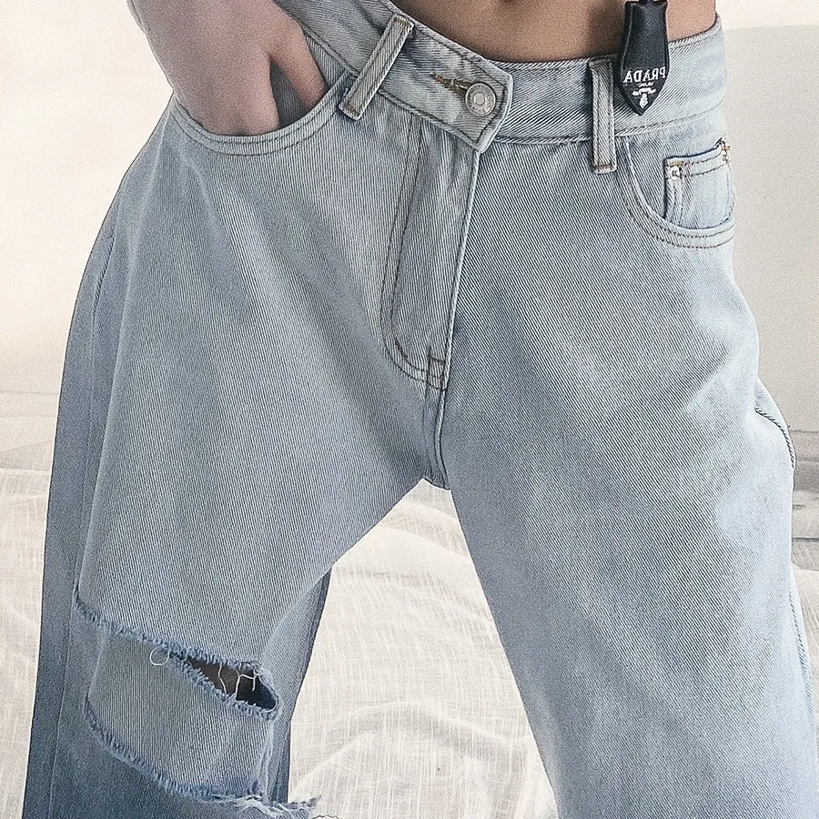 

Katie Holmes Women's Wide Leg Holes High Waist Gradient Color Jeans straight-leg Pants Streetwear 2021 Denim Pants Female