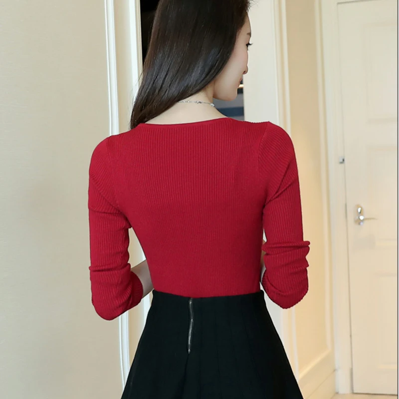 Pullovers Women V-Neck Simple All-match Basic Top Pullover Womens Solid Jumper Slim Long Sleeve Knitted High Quality Elasticity Женская