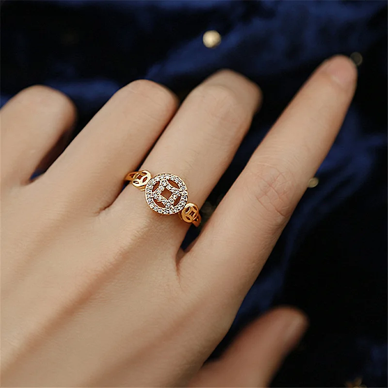 

2021 New Arrival 14K Real Plated Adjustable Rings For Women Zircon Hollow Geometric Wedding Rings