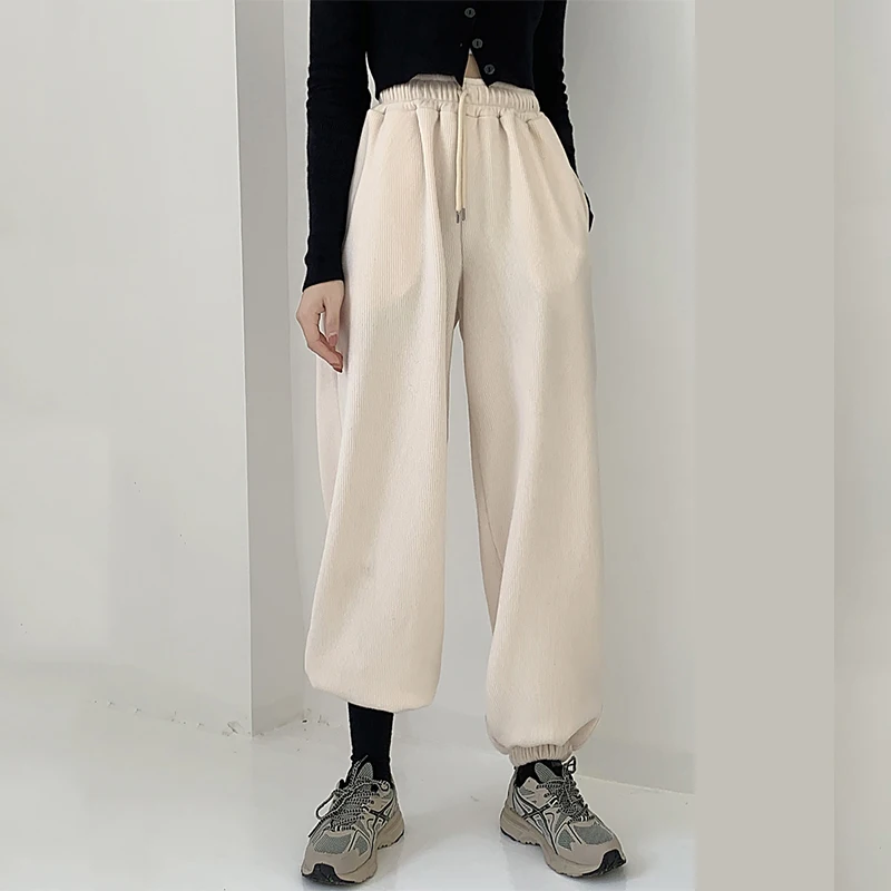 

FORYUNSHES Women Winter Corduroy Harem Pants Jogger High Waist Thick Casual Sweatpants Female Drawstring Baggy Fitness Harajuku
