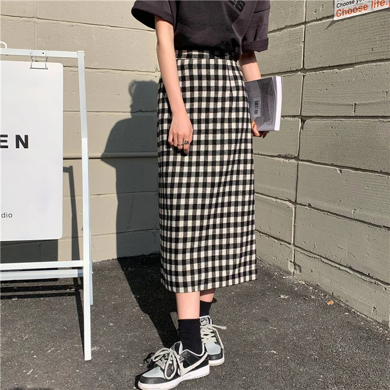

Korean Fashion Plaid Skirts Womens 2021 Brown High Waist Harajuku Long Skirts Y2k Casual Commute Clothes Kawaii Plaid Streetwear