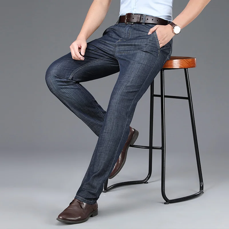 

Men High waist Jeans Business Casual Straight Slim Fit Blue Jeans Stretch Denim Pants Trousers Classic Big Size 28-42 Trousers