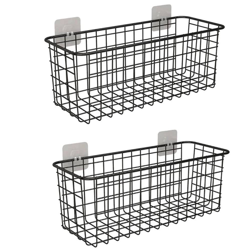 

2pcs Durable Multifunctional Wall Mount Iron Storage Baskets for Home (Black)