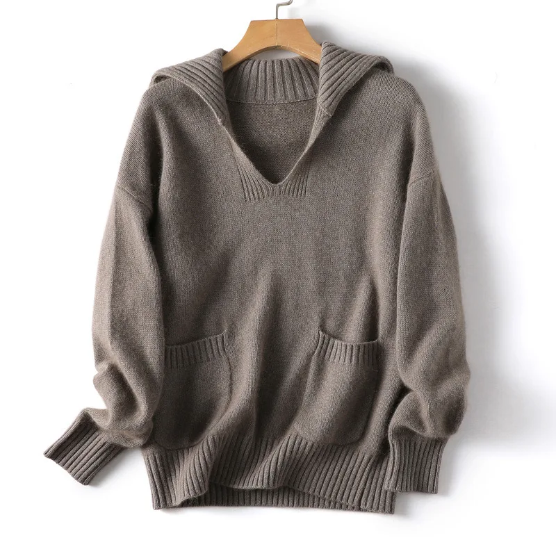 

French style retro raccoon hair thin V-neck thread needle square lapel pocket knitted pullover women's thick sweater