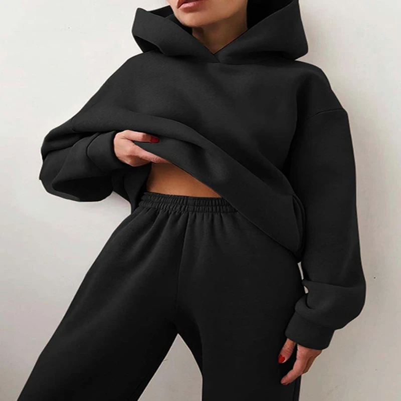 

Women Hoodies Two Piece Set Long Sleeve Solid Casual Pocket Hooded Sweatshirts Autumn Fitness Female Tracksuit