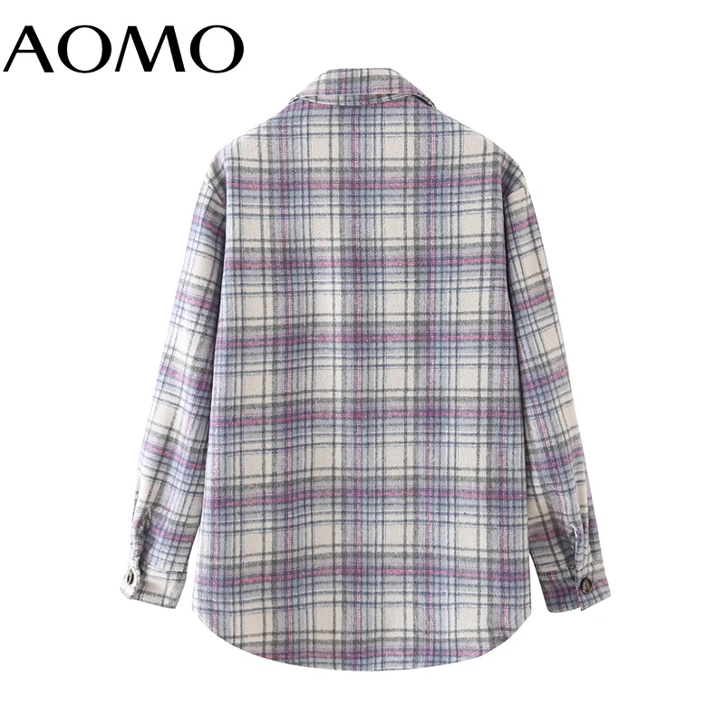 

AOMO Women Purple Plaid Thick Tweed Coats Jacket Loose Long Sleeves Pocket 2021 Ladies Elegant Autumn Winter Coat DA57A