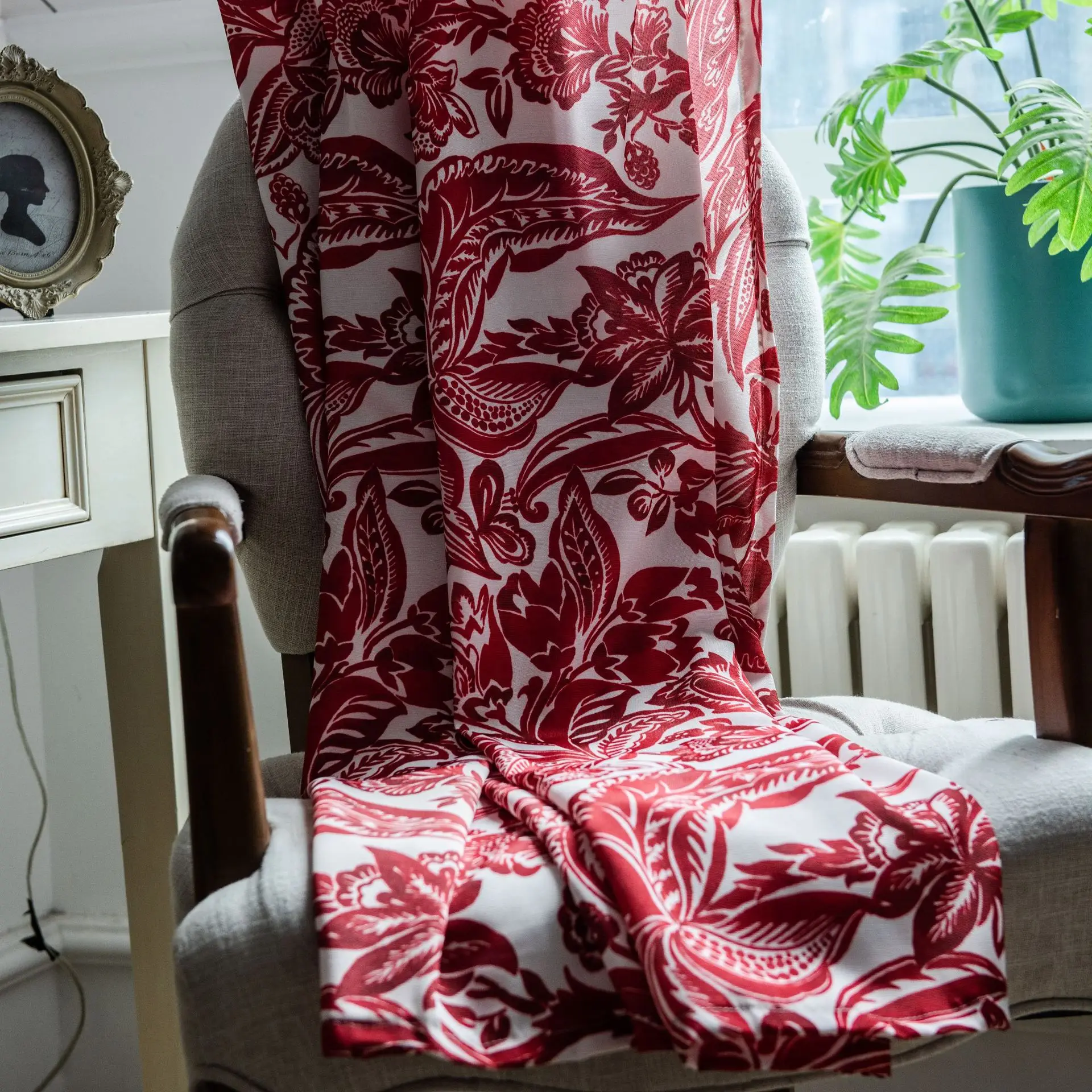 

Red Printed Curtains Floral Window Drapes Cotton Linen Kitchen Curtain Traditional Chinese Window Decor Living Room Bedroom