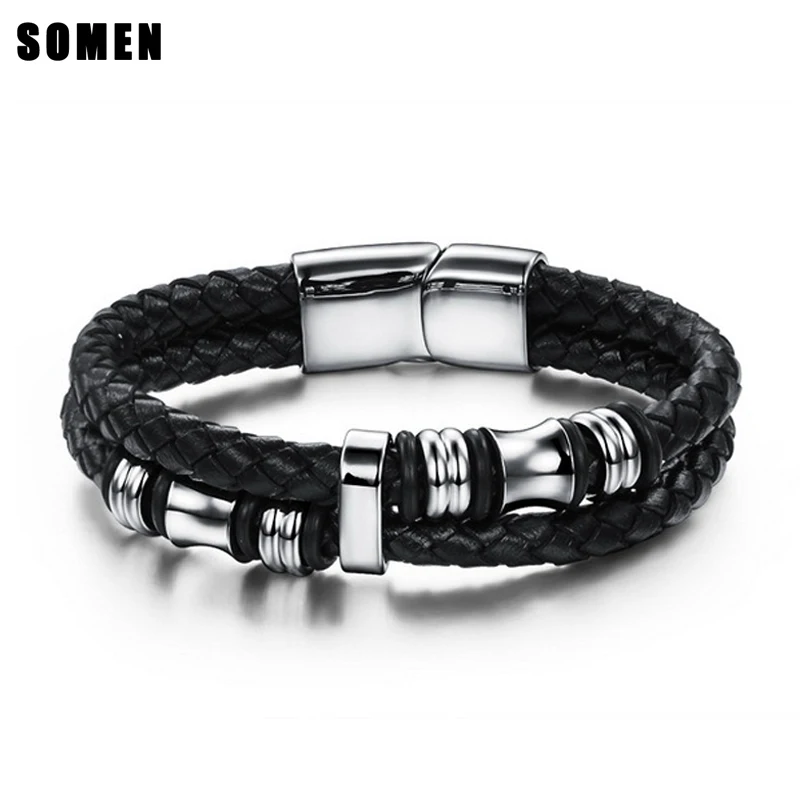 

22mm Classic Style Men Black Genuine Leather Bracelet Stainless Steel Magnetic Buckle Bracelets Boyfriend Gifts pulsera hombre