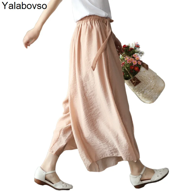

Soft Comfortable Casual Trousers Summer Elegant Double Layer Silk Hemp Skirt Pants Women's Lace Up Elastic Waist Wide Leg Pants