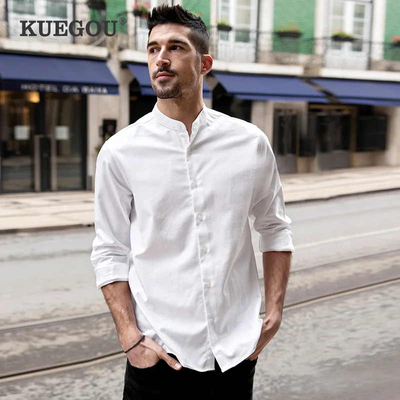 

KUEGOU Lyocell Cotton Spring Summer Men‘s Shirts Long Sleeve Mandarin Collar Smart Caeual High Quality White Top Plus Size 20529