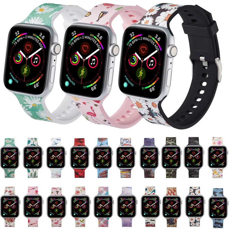 Цветочный резиновый ремешок для iWatch 44 мм 38 42 40 Apple Watch серии 5 4 3 2 1 силиконовый