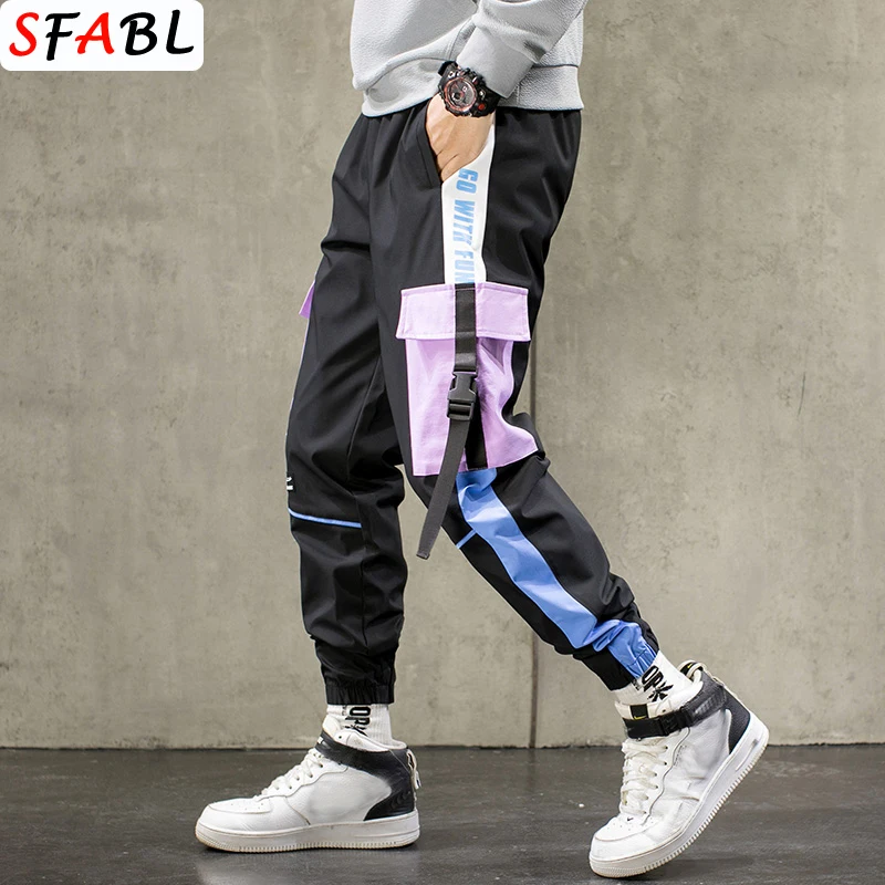 

SFABL Big Pockets Cargo Harem Pants Men 2021 Ribbons Black Hip Hop Men's Pants Casual Joggers Trousers Fashion Male Streetwear