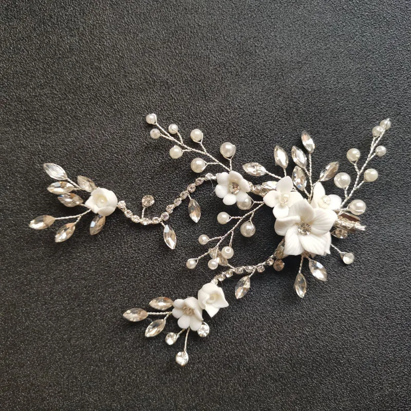 SLBRIDAL Wired Crystal Rhinestone Wedding Ceramic Flower Hair Clip Barrettes Bridal Headdress Accessories Women Jewelry | Украшения и