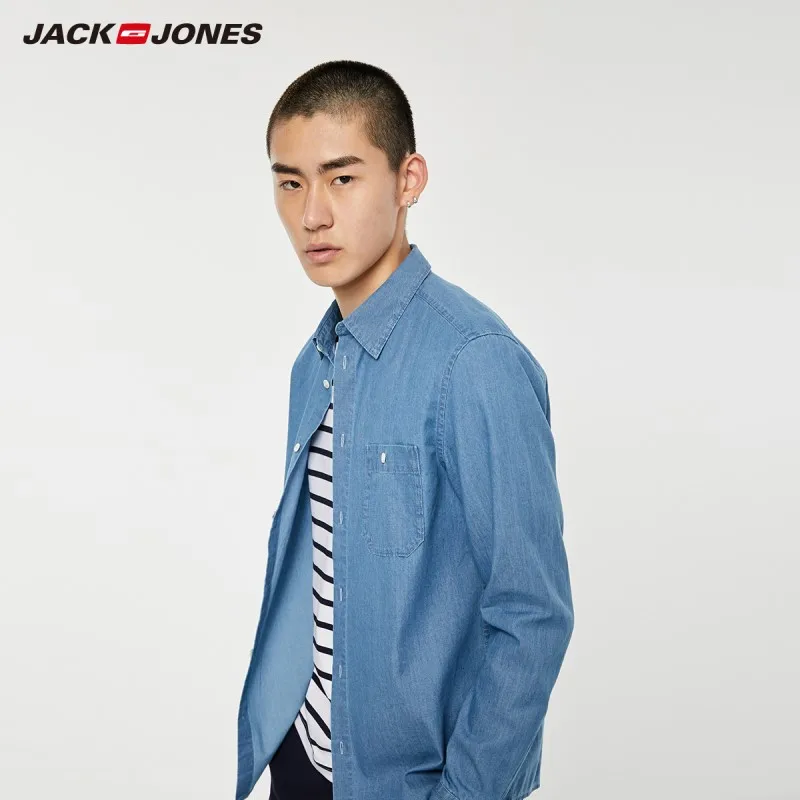 Рубашка джинсовая мужская стрейчевая хлопковая с длинным рукавом прямая посадка